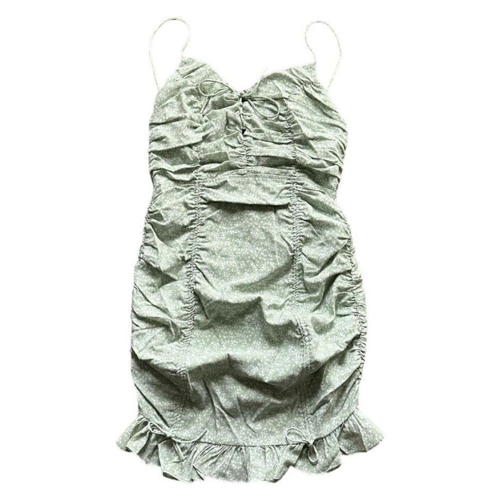 More To Come Janet Ruched Floral Mini Dress Pistachio Green Medium NWT